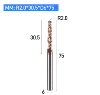 Tapered ballnose end mill 75mm long